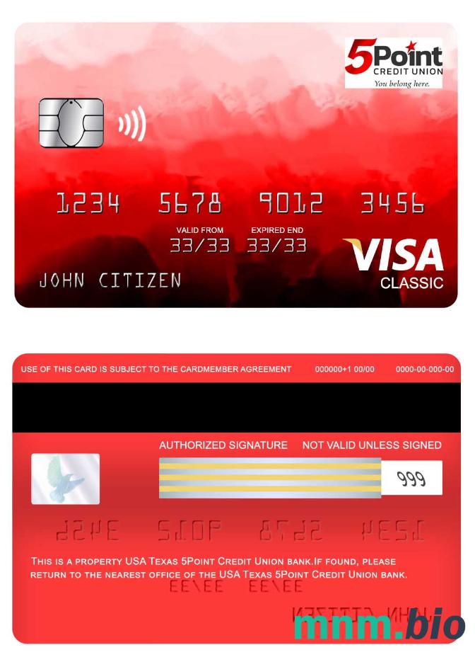 USA Texas 5Point Credit Union bank visa klasyczny karta przykład w formacie PSD